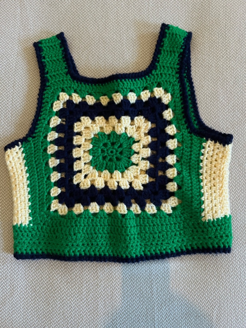 Handmade Green & Navy Granny Square Crochet Boho Vest/Top Small